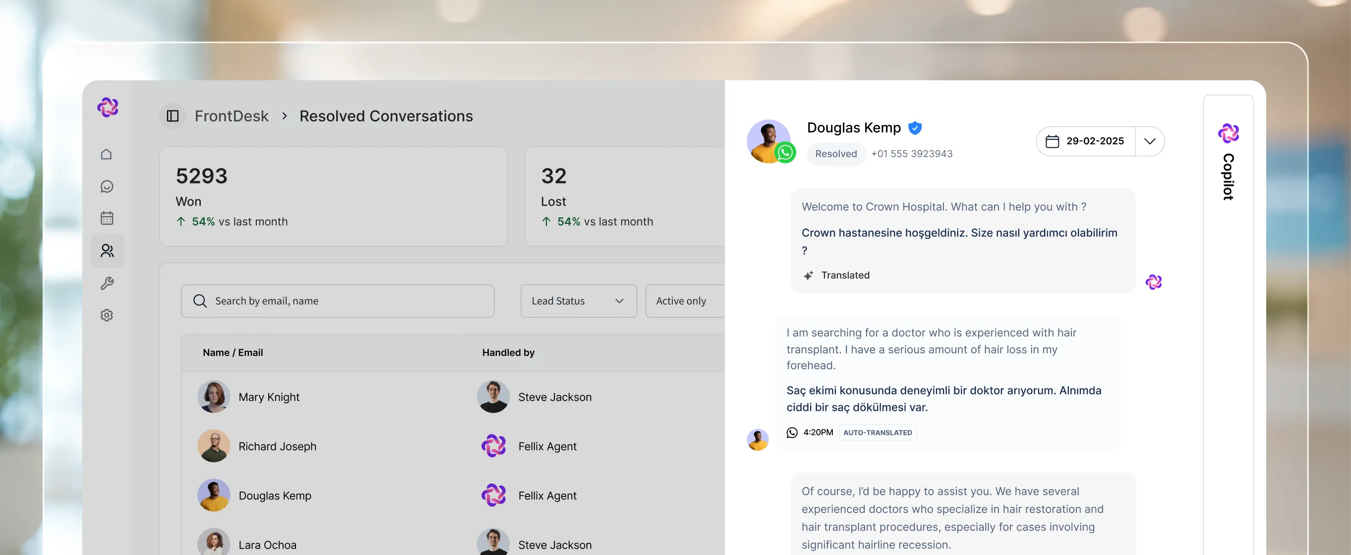 Conversation views in Fellix: open, resolved and abandoned, each with its own queue